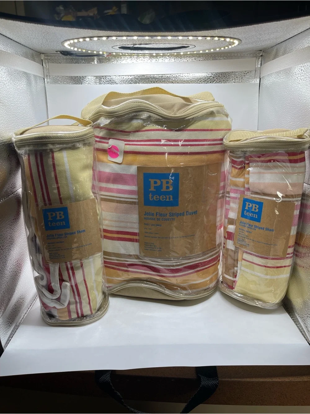 Pottery Barn Teen Yellow Red Pink Brown Orange Stripe Duvet Cover Set W/ Shams